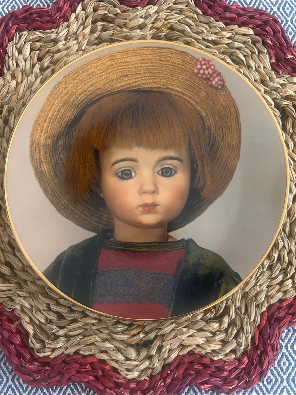 Decorative Collector Plate Featuring Portrait Doll in Straw Hat